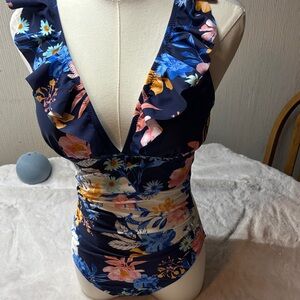 Cupshe Floral Ruffle One Piece Swimsuit - Navy and Multicolor